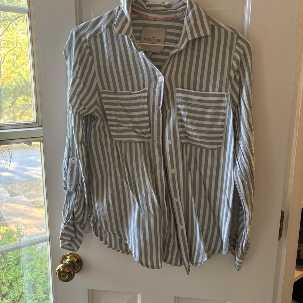 Green and White Striped Button-Up Shirt